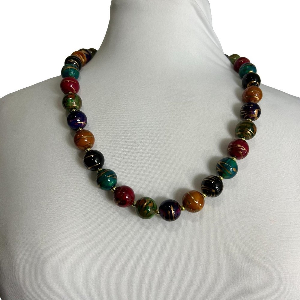 Hand Painted Resin Beaded Necklace Gold Tone Jewel Tone Beads 23"